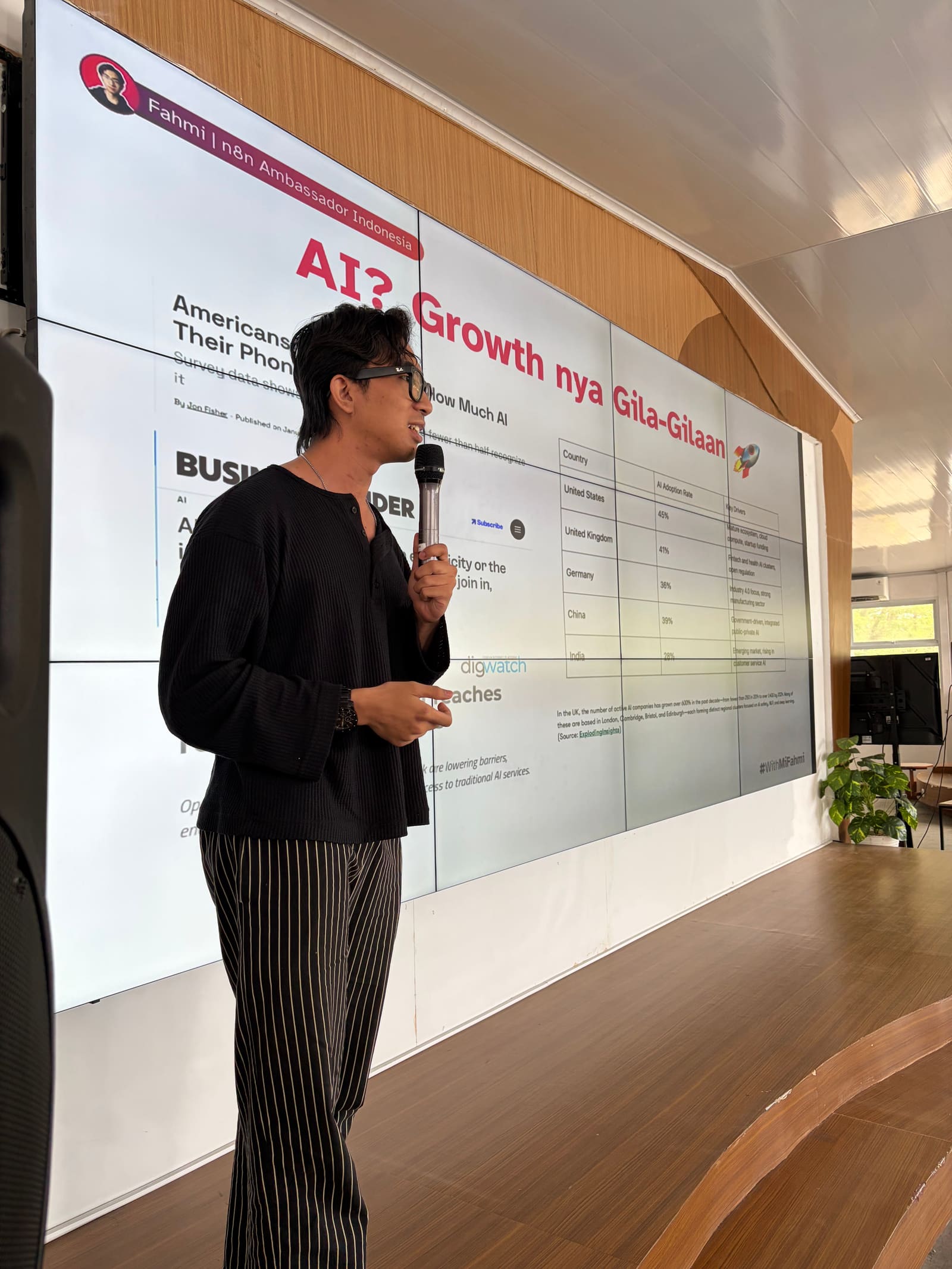 Fahmi Fahreza membawakan materi Batch 1 dengan slide perbandingan tingkat adopsi AI antarnegara